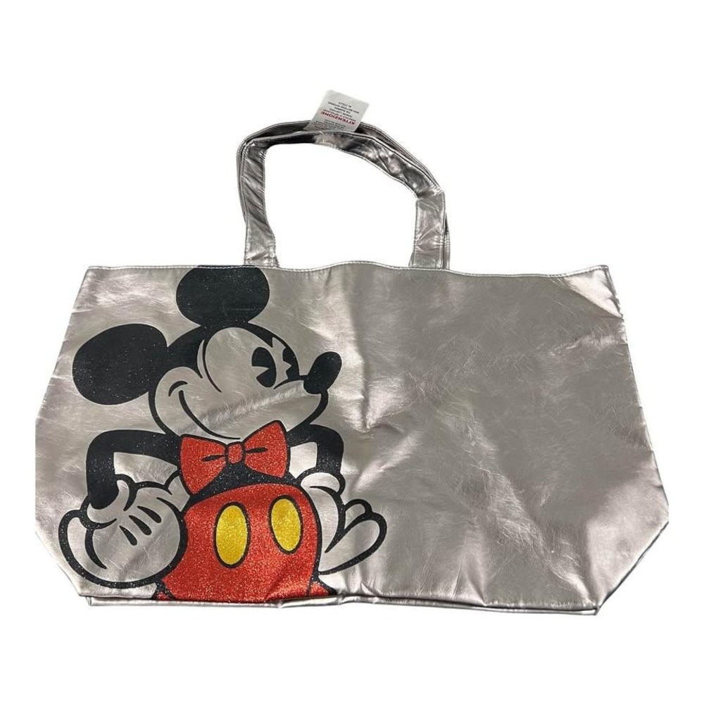 Disney Parks Large Silver Tote Bag Mickey Mouse Faux Leather w/Mickey Lining